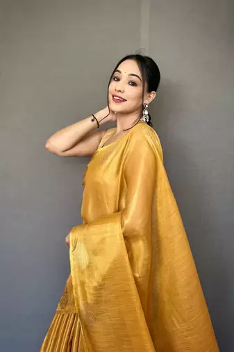 Gold Kanjivaram Style of tissue silk zari weaving border Pallu saree with Blouse