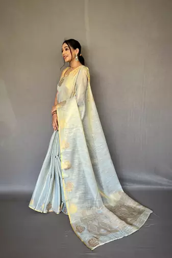 white Kanjivaram Style of tissue silk zari weaving border Pallu saree with Blouse