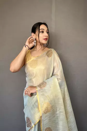 white Kanjivaram Style of tissue silk zari weaving border Pallu saree with Blouse