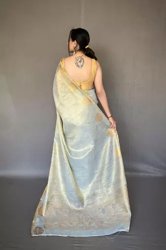 white Kanjivaram Style of tissue silk zari weaving border Pallu saree with Blouse