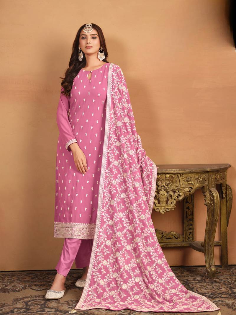 Pink color  faux georgette salwar suits with faux georgette dupatta