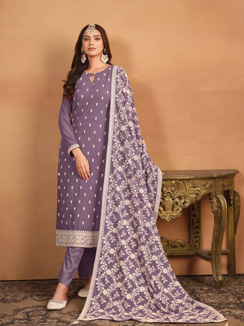 Purple color  faux georgette salwar suits with faux georgette dupatta