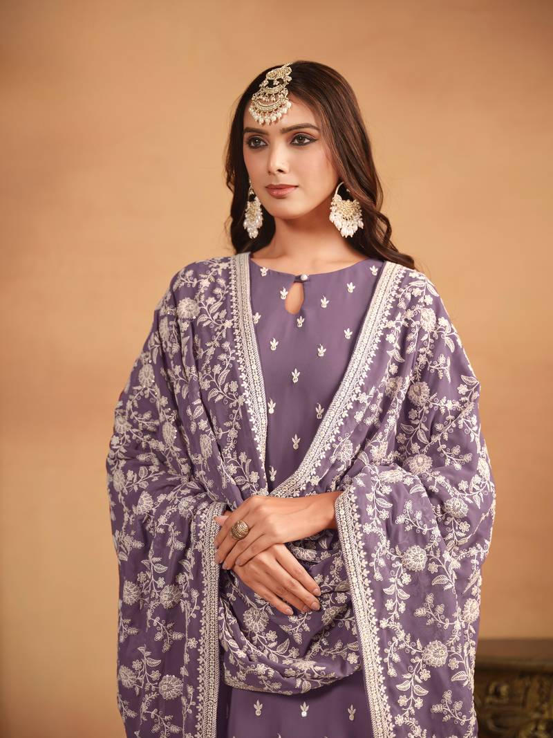 Purple color  faux georgette salwar suits with faux georgette dupatta