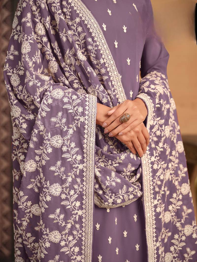 Purple color  faux georgette salwar suits with faux georgette dupatta