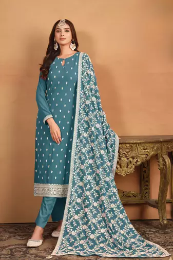 Blue embroidered faux georgette salwar suit with Dupatta