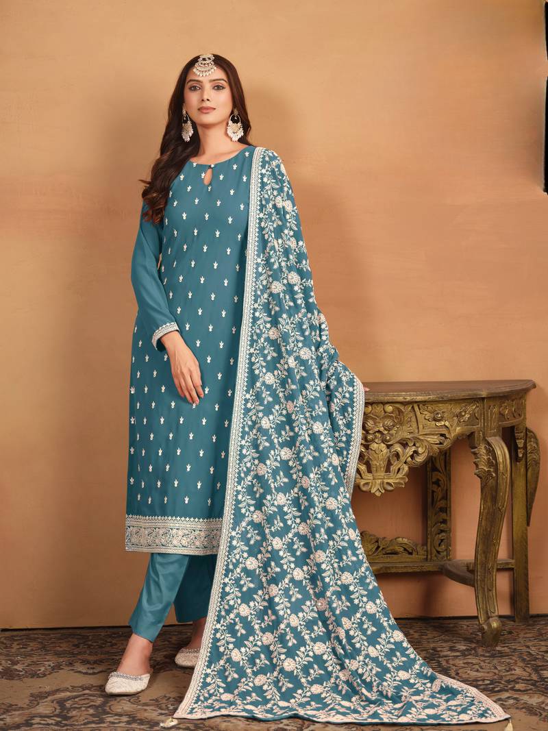 Blue color  faux georgette salwar suits with faux georgette dupatta