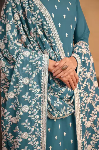 Blue embroidered faux georgette salwar suit with Dupatta
