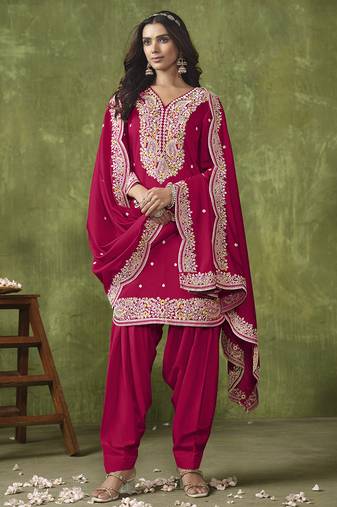 Chanderi embroidered rani pink designer semi stiched salwar kameez