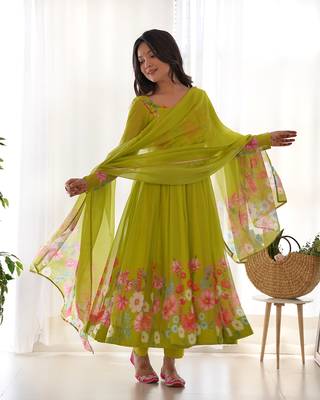 Parrot soft organza silk with floral print fully flared anarkali pant with dupatta set 1