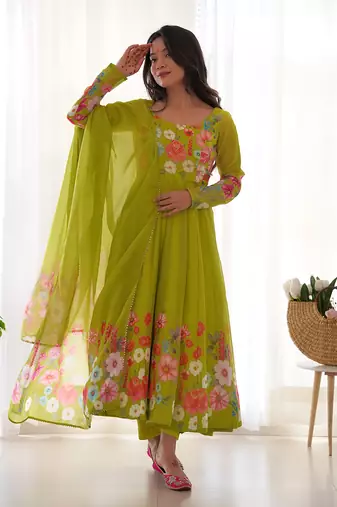 Parrot soft organza silk with floral print fully flared anarkali pant with dupatta set