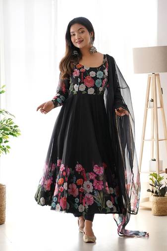 Black soft organza silk with floral print fully flared anarkali pant with dupatta set