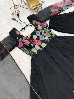Black soft organza silk with floral print fully flared anarkali pant with dupatta set 5