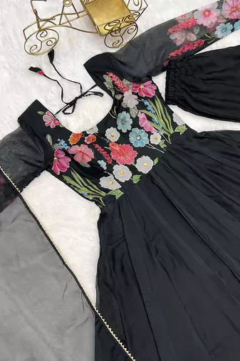 Black soft organza silk with floral print fully flared anarkali pant with dupatta set