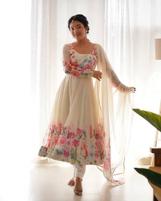 Cream soft organza silk with floral print fully flared anarkali pant with dupatta set 1