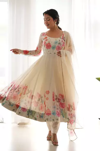 Cream soft organza silk with floral print fully flared anarkali pant with dupatta set