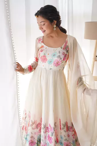 Cream soft organza silk with floral print fully flared anarkali pant with dupatta set