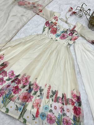 Cream soft organza silk with floral print fully flared anarkali pant with dupatta set 4