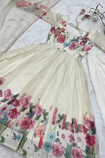 Cream soft organza silk with floral print fully flared anarkali pant with dupatta set