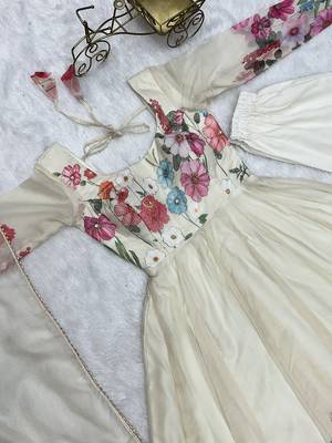 Cream soft organza silk with floral print fully flared anarkali pant with dupatta set 5