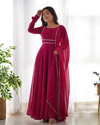 Pink georgette anarkali gown dupatta set with pant ready to wear 1