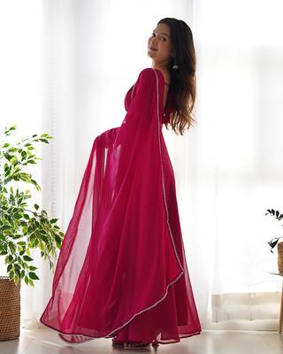 Pink georgette anarkali gown dupatta set with pant ready to wear 2