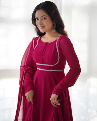 Pink georgette anarkali gown dupatta set with pant ready to wear 3
