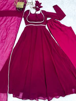 Pink georgette anarkali gown dupatta set with pant ready to wear 4