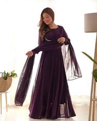Wine georgette anarkali gown dupatta set with pant ready to wear 1