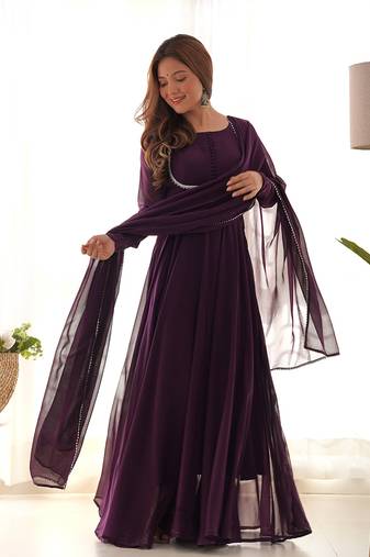 Wine georgette anarkali gown dupatta set with pant ready to wear