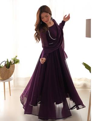 Wine georgette anarkali gown dupatta set with pant ready to wear 3