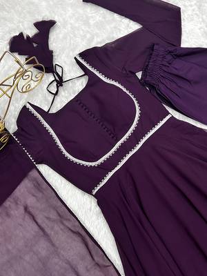 Wine georgette anarkali gown dupatta set with pant ready to wear 5