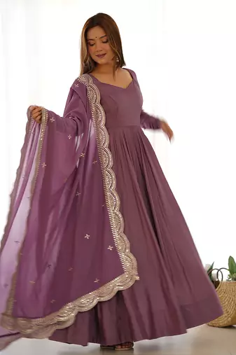 Mauve romansilk chanderi fabric fully flared anarkali pant with dupatta set