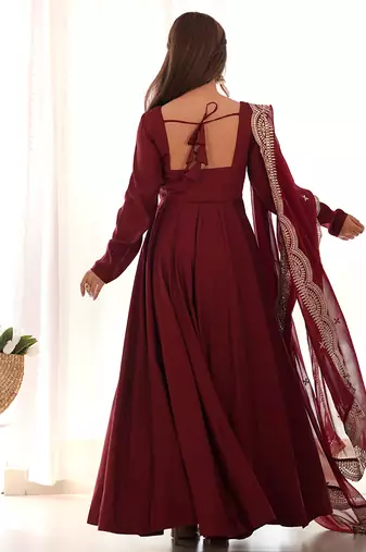 Maroon romansilk chanderi fabric fully flared anarkali pant with dupatta set