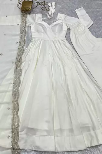Offwhite romansilk chanderi fabric fully flared anarkali pant with dupatta set