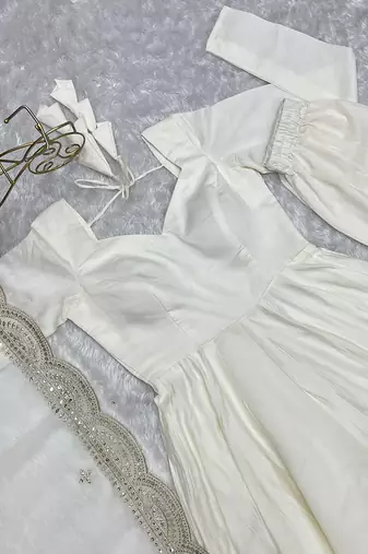 Offwhite romansilk chanderi fabric fully flared anarkali pant with dupatta set