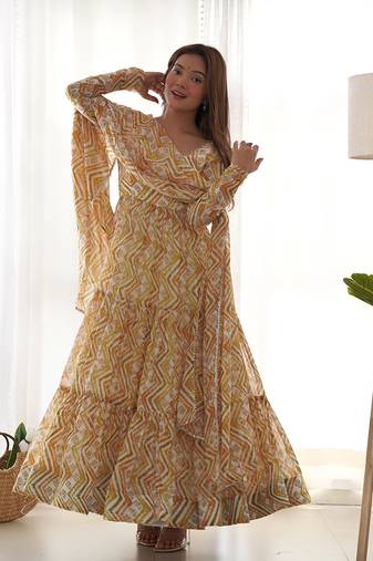 Yellow fox georgette zigzag print fully flair anarkali pant with dupatta