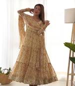 Yellow fox georgette zigzag print fully flair anarkali pant with dupatta