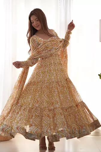 Yellow fox georgette zigzag print fully flair anarkali pant with dupatta