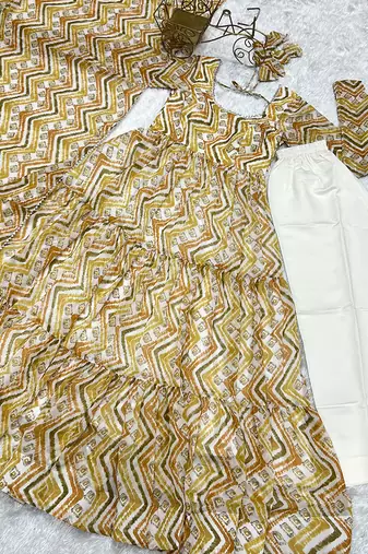 Yellow fox georgette zigzag print fully flair anarkali pant with dupatta