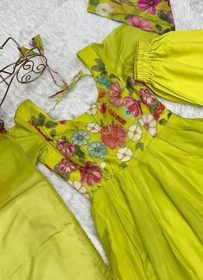 Parrot soft organza silk with floral print fully flared anarkali pant with dupatta set 5