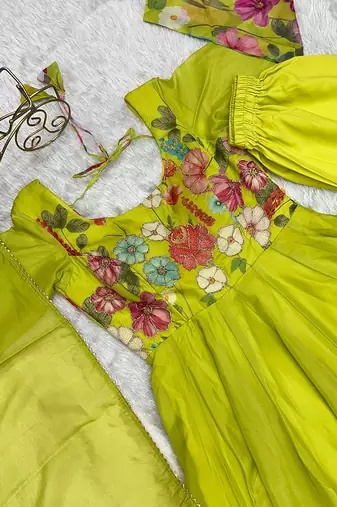 Parrot soft organza silk with floral print fully flared anarkali pant with dupatta set