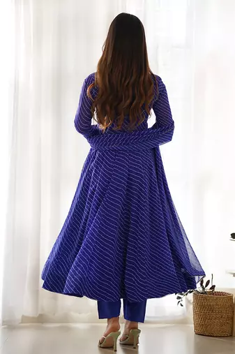  soft faux georgette laheriya print fully flair anarkali pant with dupatta set