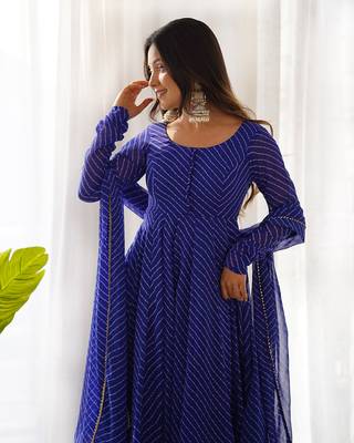  soft faux georgette laheriya print fully flair anarkali pant with dupatta set 3