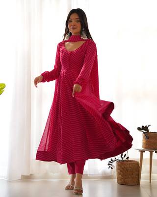  soft faux georgette laheriya print fully flair anarkali pant with dupatta set 1