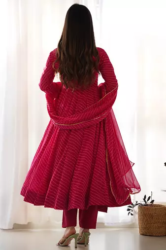  soft faux georgette laheriya print fully flair anarkali pant with dupatta set