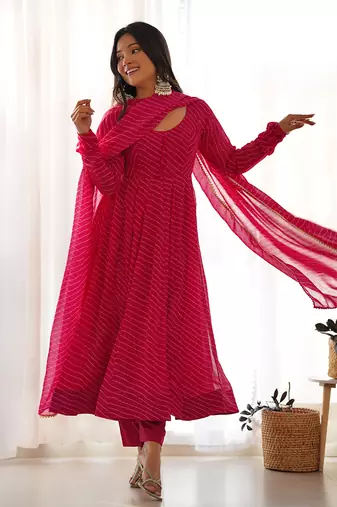  soft faux georgette laheriya print fully flair anarkali pant with dupatta set