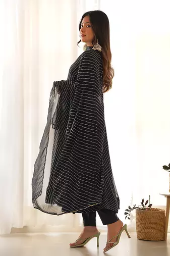  soft faux georgette laheriya print fully flair anarkali pant with dupatta set