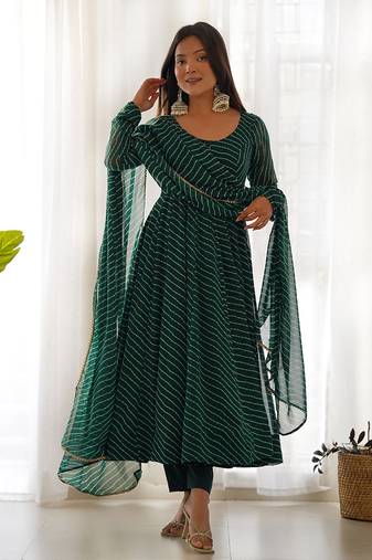 Women soft faux georgette laheriya print fully flair anarkali pant with dupatta set