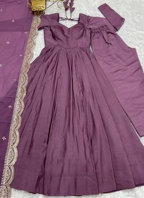 Mauve romansilk chanderi fabric fully flared anarkali pant with dupatta set 5
