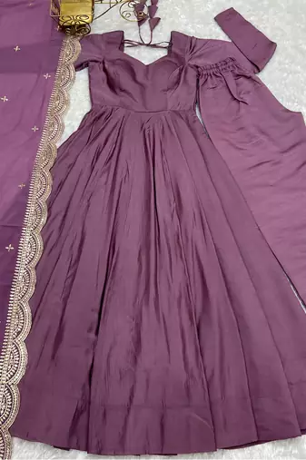 Mauve romansilk chanderi fabric fully flared anarkali pant with dupatta set